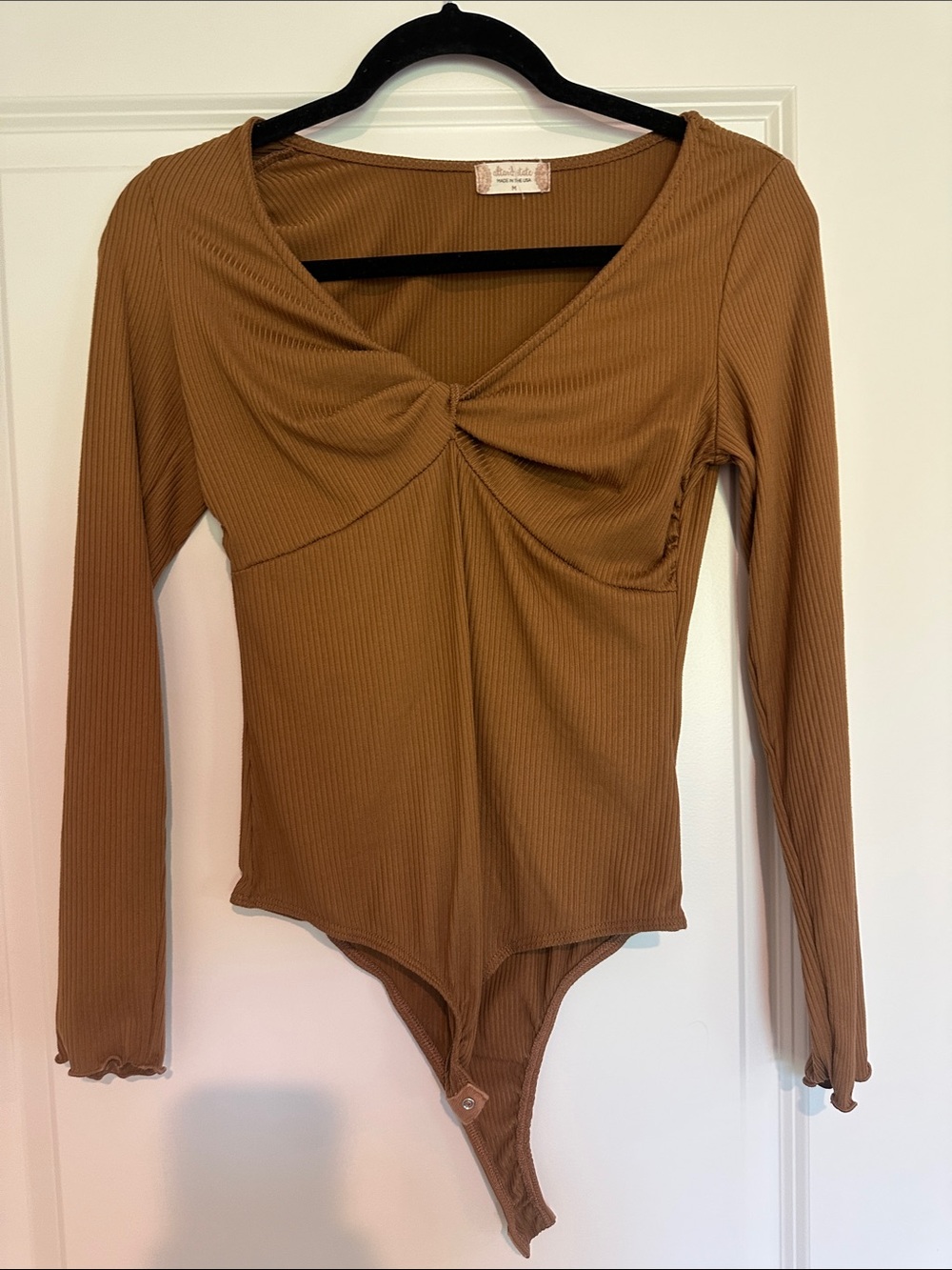 Altar'd State Ribbed Twist Front Long Sleeve Bodysuit in Camel